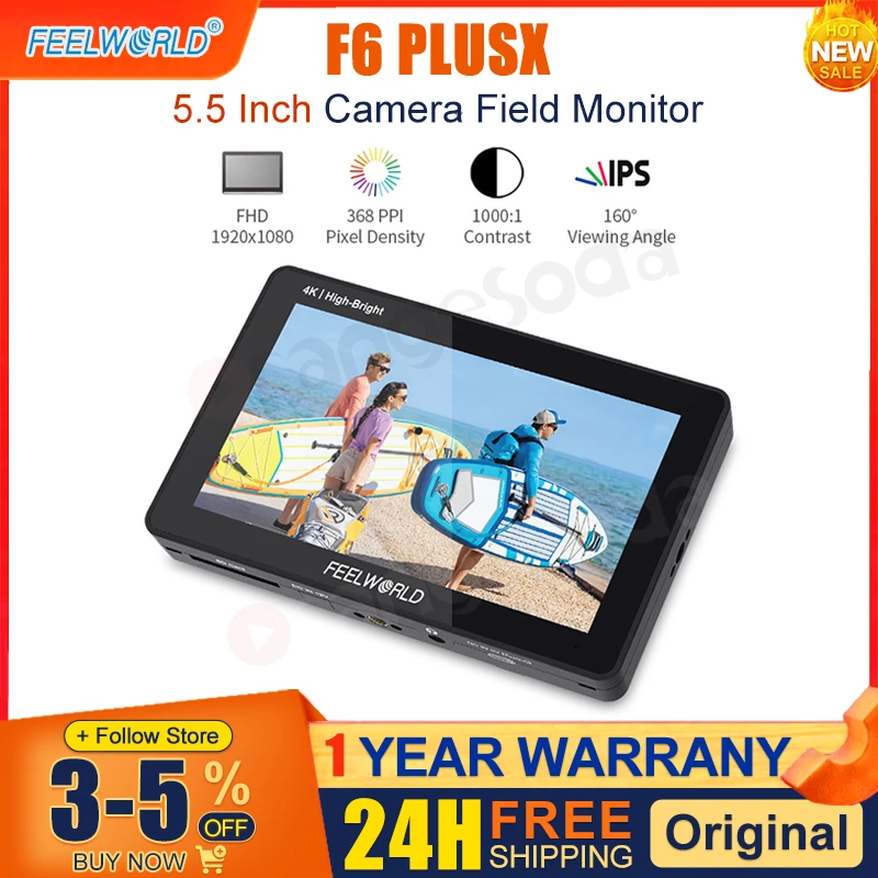 &middot;Feelworld F6 PLUSX 5.5 Inch Camera Field Monitor 1600nit Touch Screen HDMI In Out 3D LUT IPS Full HD 1920X1080 for DSLR Camera