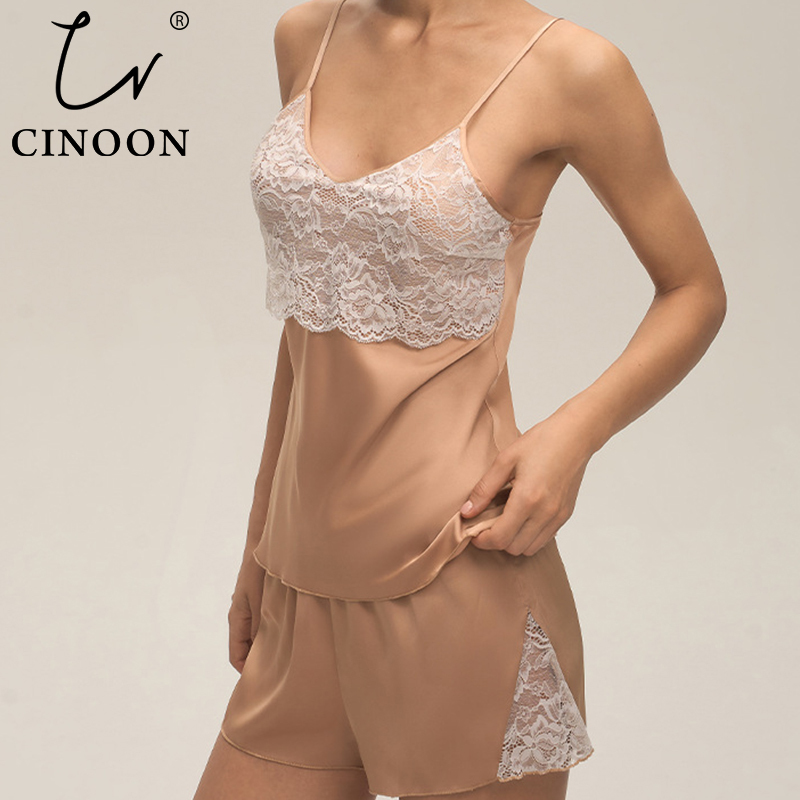 CINOON Women's Sexy Satin Pajama Set Ice Silk Elegant Sleepwear Set Breathable Silky Nightwear Lace Transparent Intimates