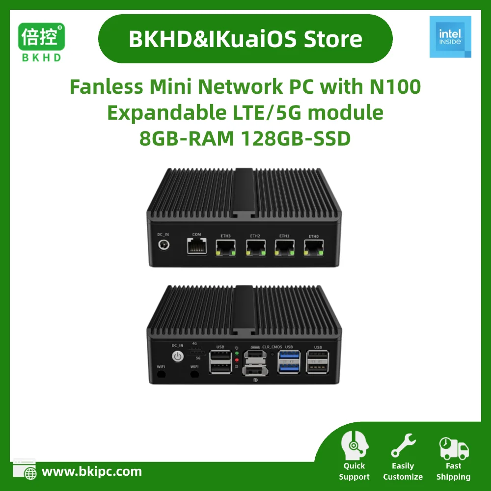 Fanless Mini Network PC With Intel N100 4x2.5GbE 8GB RAM 128GB SSD Expandable LTE 5G Module for Gateway Firewall G30W-1264NP4L5G