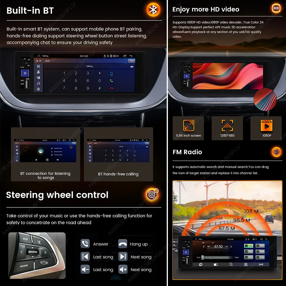  HD ġ ũ Ƽ̵  ÷̾,  BT SD/TF FM , USB CŸ, ȵ̵  ī÷, MP5, 1 DIN 6.86 ġ