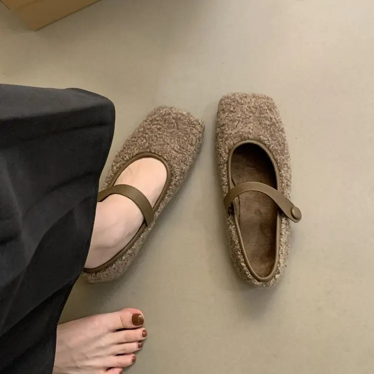 Square Toe Cosy 2026 Ballet Flats Woman Warm Teddy Fur Mary Jane Shoes Ladies Brand Design Elegant Fluffy Plush Loafers