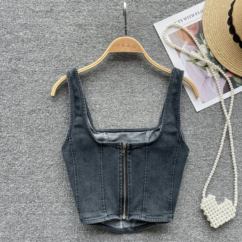 Sexy ort Denim Top Zipper Strap Collar Women's irt Belly Baring Korean Sle Summer New Arrival Trendy Vest for Young Women