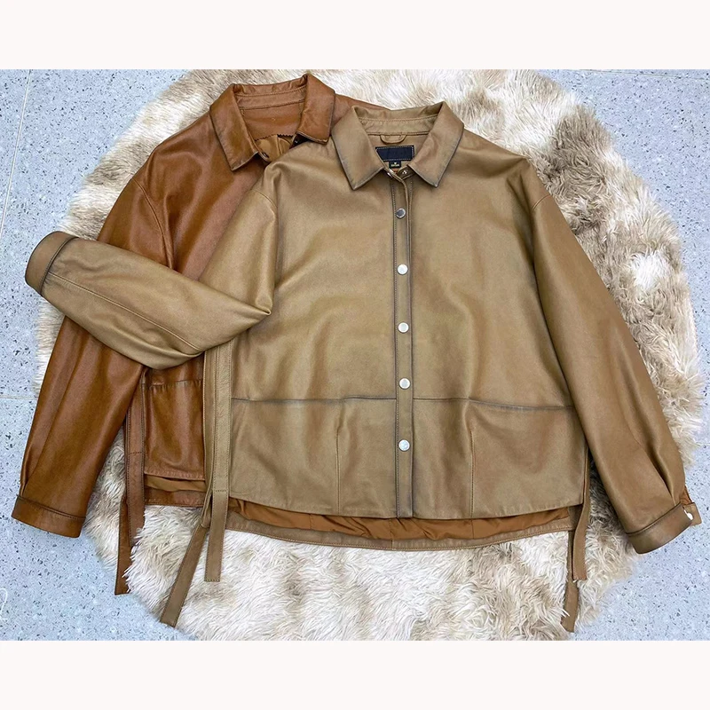 Women Genuine Sheepskin Leather Spring Autumn Fashion Classic Khaki Real Leather Jacket Oversize Loose Real Leather Coat