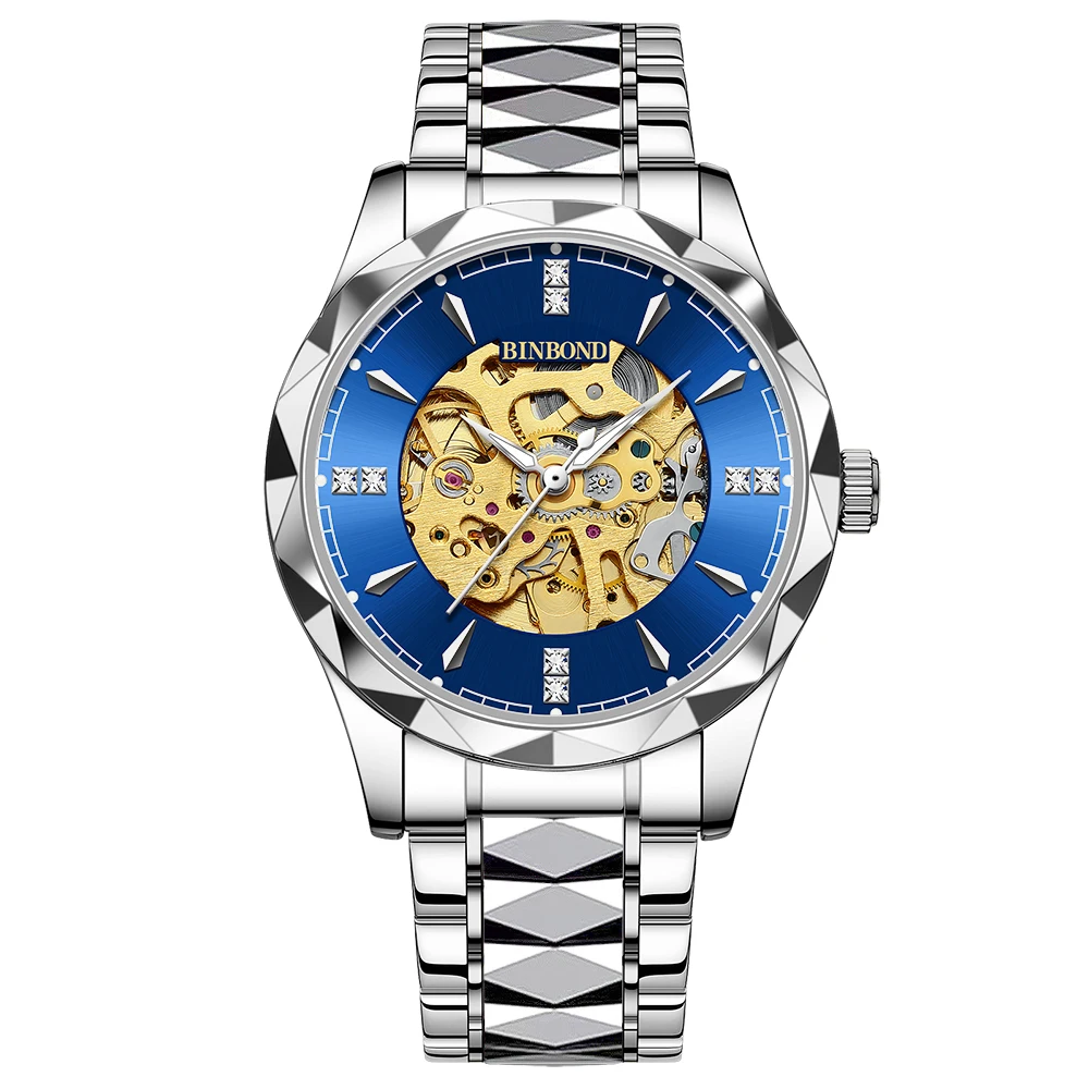 

BINBOND Fashion Blue Mechanical Watch for Men Stainless Steel Waterproof Luminous Automatic Skeleton Watches Men Reloj Hombre