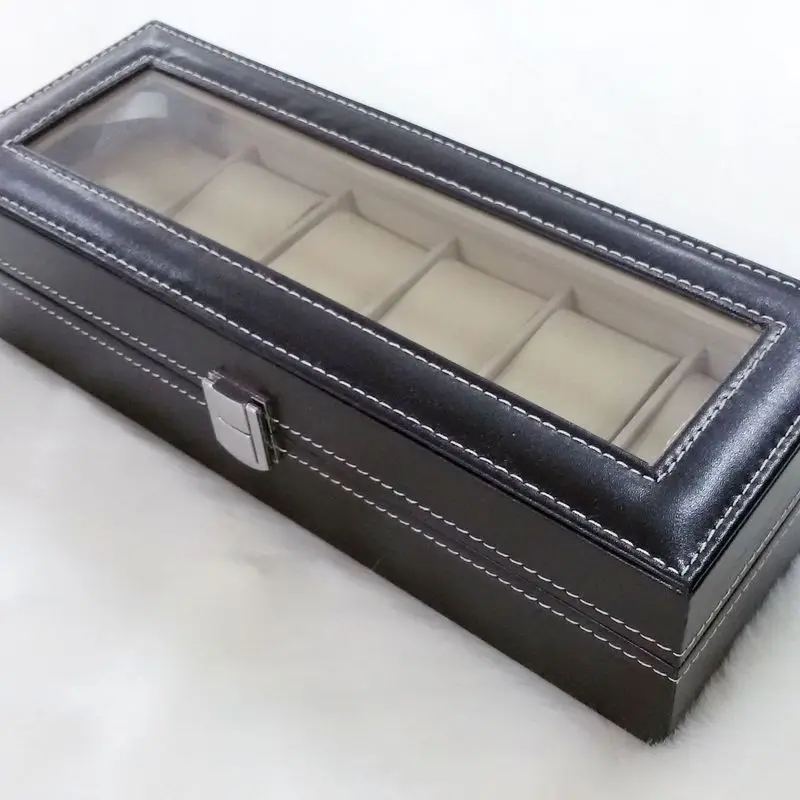 6 Grids Watch Boxes Black PU Leather Watches Case Holder Organizer Storage Box for Quartz Watch Jewelry Box Cover Display Gifts