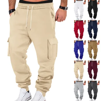 Pantaloni da lavoro in pile retrò americani Pantaloni casual spessi autunnali e invernali Pantaloni sportivi multitasche con coulisse alla caviglia da uomo 1