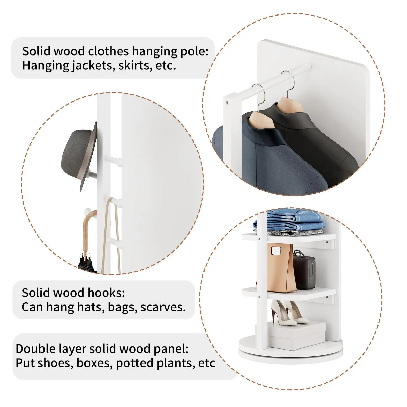 Multifunctional Rotating Full Body Mirror Storage Rack Solid Wood Standing Coat Rack Mirror for Bedroom Living Room Home Gym
