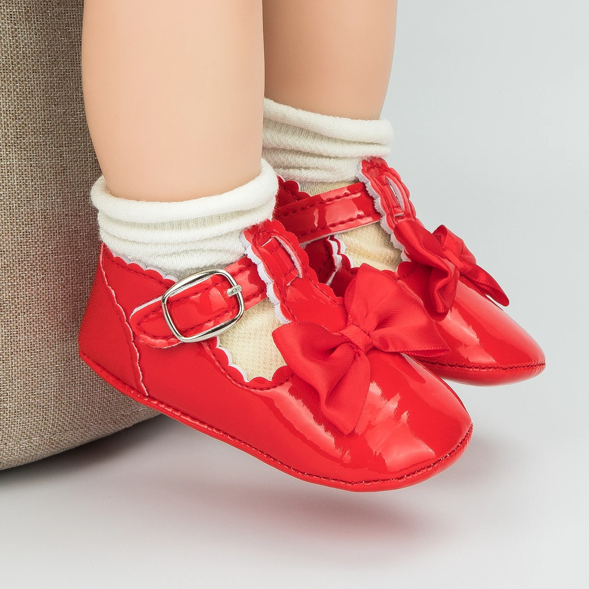 Meckior Baby Girl Shoes Cute Baby Sweet Princess Style Anti-Slip Bed Shoes Newborn Christmas Red Toddler Shoes New Years 6
