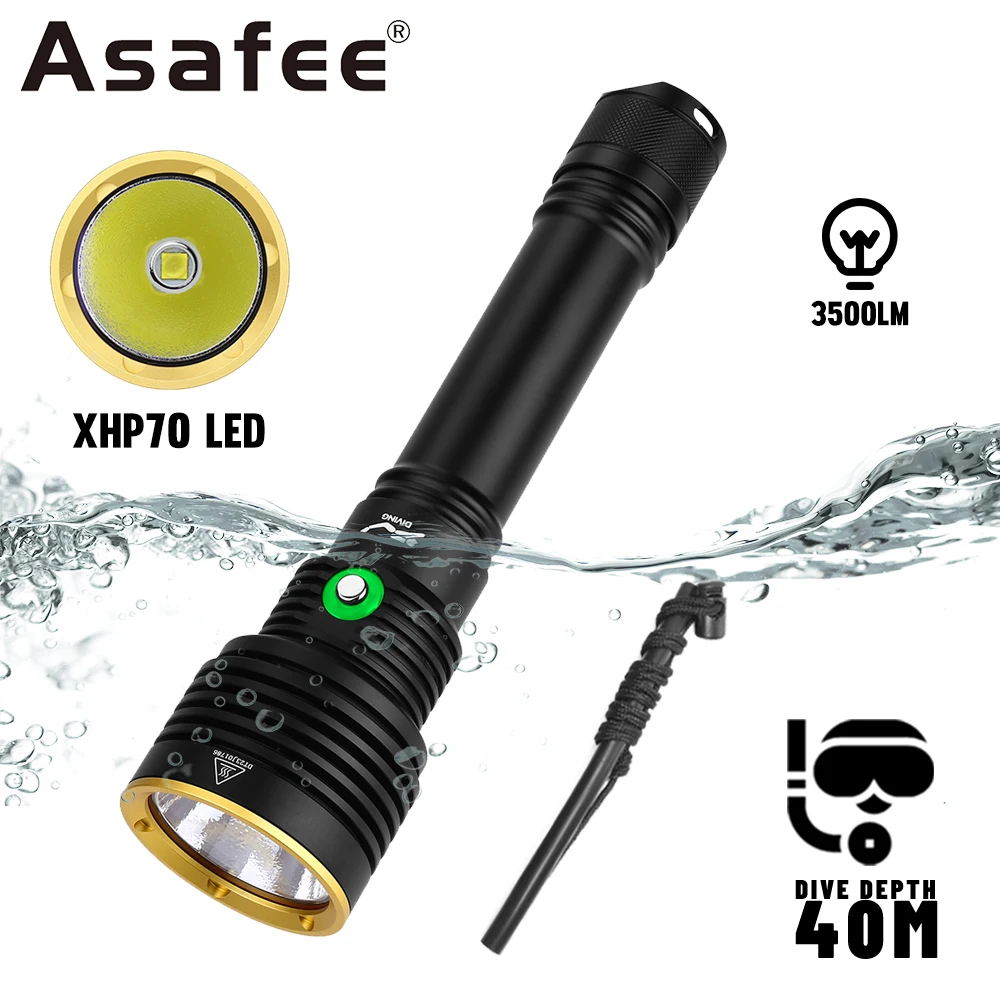 

Asafee M63 XHP70 LED 3500LM 40M Underwater Diving Flashlight IPX8 Waterproof Torch 72° Lighting Angle Lantern SOS Light