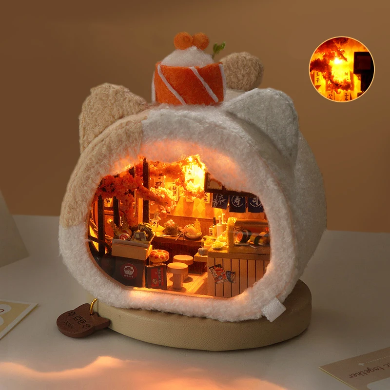 DIY Wooden Miniature Model Kit Japanese Sushi Store Casa Doll Houses 3D Puzzle Dollhouse With Furniture Lights for Friends Gifts 4