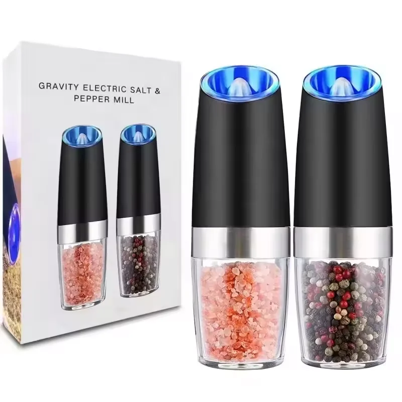 Electric gravity salt and pepper grinder set spice jar rechargeable Black pepper mill grinder with blue light and stand