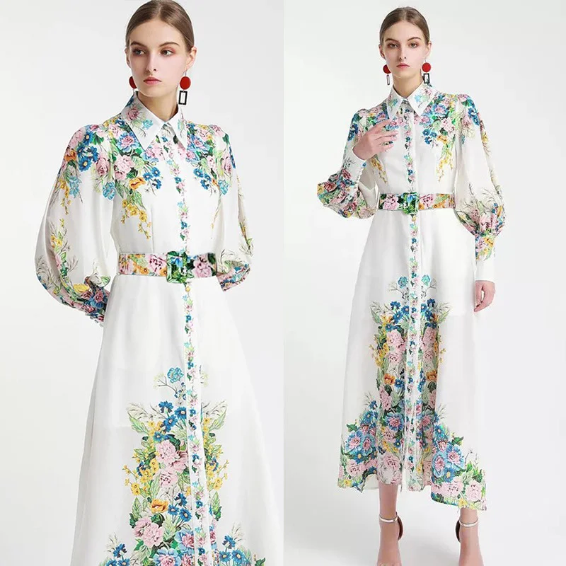 

Женское винтажное платье с принтом, Длинное свободное Повседневное платье с высокой талией, отложным воротником, весна-лето 2024