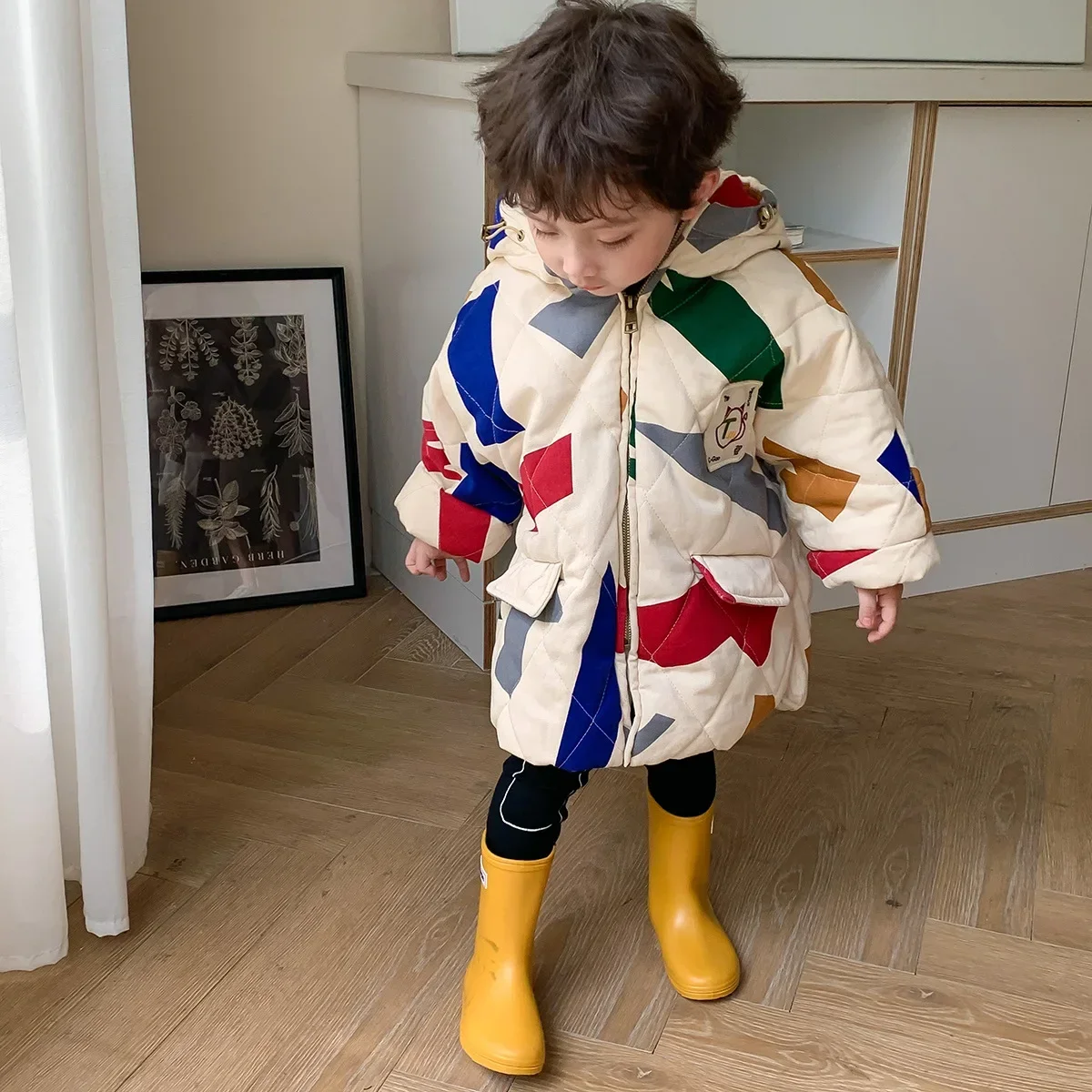 New Kids Boy Unisex Korean Cotton Jackets Medium Length Children's Casual Handsome Toddler Boys Girls Printing Jacket Winter