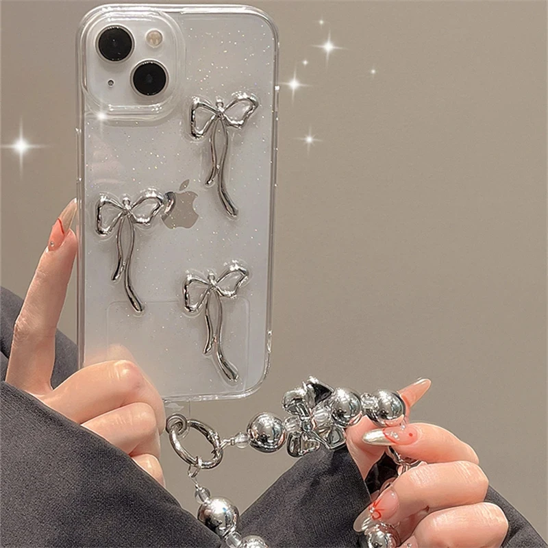 Glitter 3D Silver Bow Beads Custodia Per Bracciale Con Ciondolo Per Iphone 15 14 13 12 11 Pro Max Plus Korea Girl Clear Cover Epossidica Soft Shell
