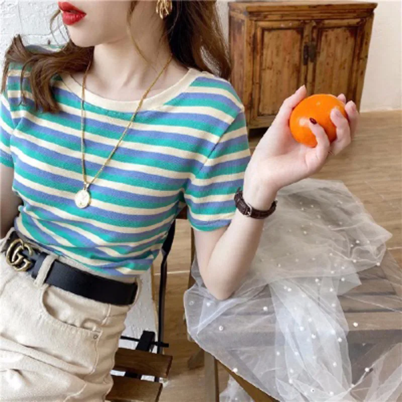 Women Striped Short Sleeve Slim Fit Tshirts