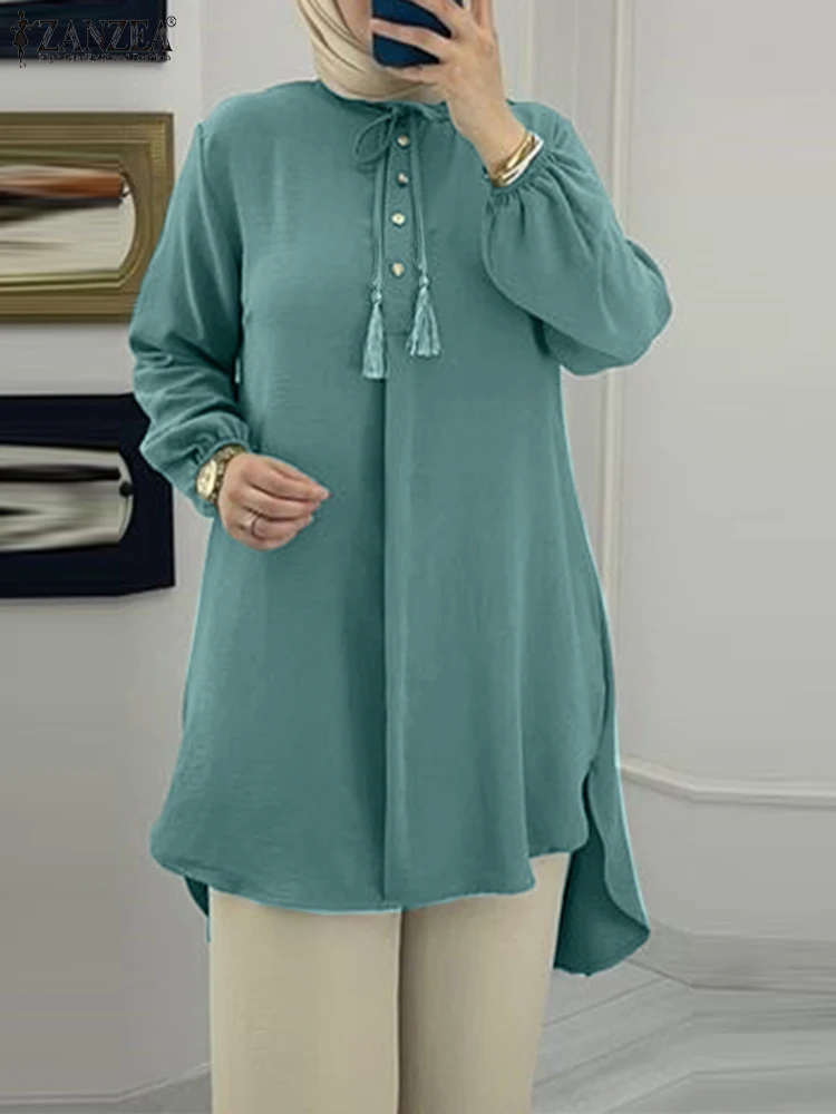 

ZANZEA 2023 Muslim Puff Sleeve Women Blouse Female Spring Solid Tunic O-Neck Shirt Fashion Elegant Lace Up Blouses Blusas Tops