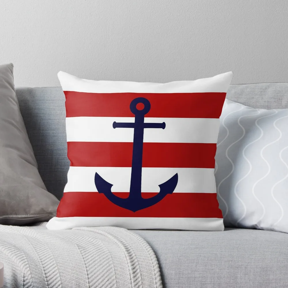 

Nautical Navy Blue Anchor On Red Stripes Throw Pillow Decorative Sofa Cushions Elastic Cover For Sofa