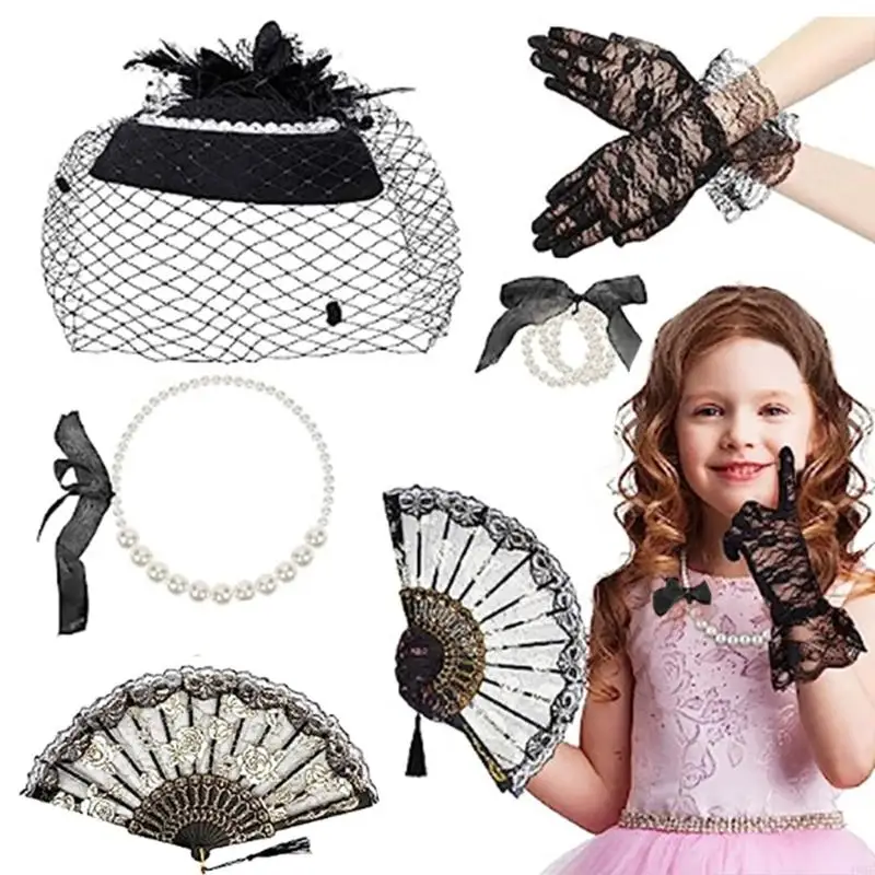 49MF Small Hat Mesh Lace Gloves & Imitation Pearl Necklace Set for Girls, 5 Pieces 20s Vintage Tea Party Accessories Set