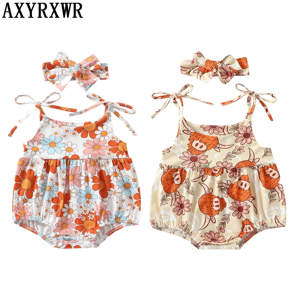 

Baby Girls Summer Clothes 2 Colors Toddler Newborn Girls Cattle Floral Print Sleeveless Bandage Rompers Jumpsuits Overalls