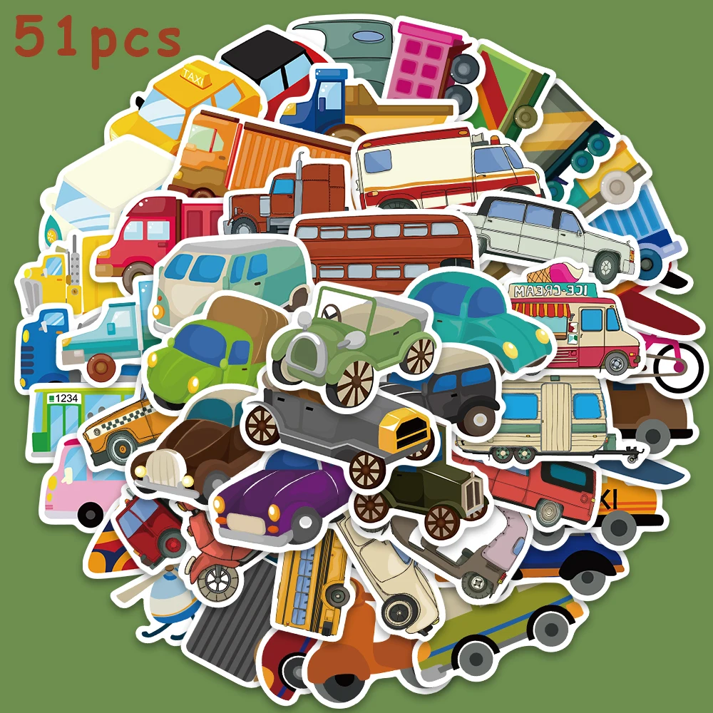 51pcs Cartoon Toys Car Airplane Stickers Cute DIY Decals For Laptop Guitar Luggage Phone Fridge Stationery Stickers Kid Toy