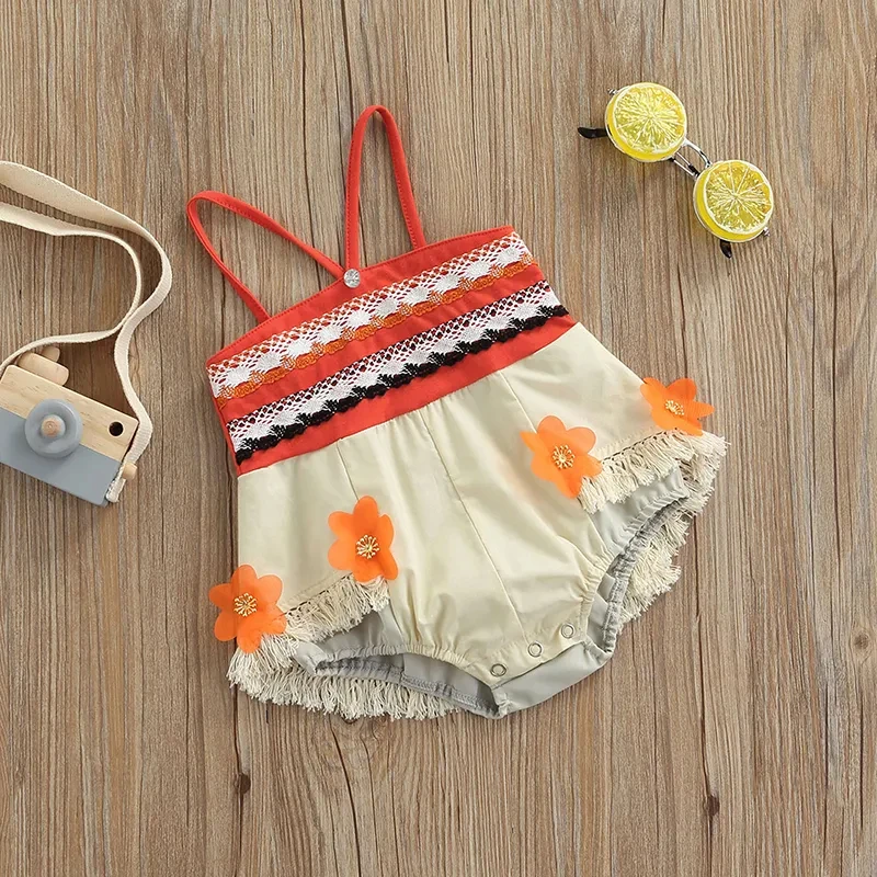 0-24M Toddler Baby Girls Romper Summer Princess Moana Flower Tassel Patchwork Sleeveless Jumpsuit Beachwear for Infant Girls 2