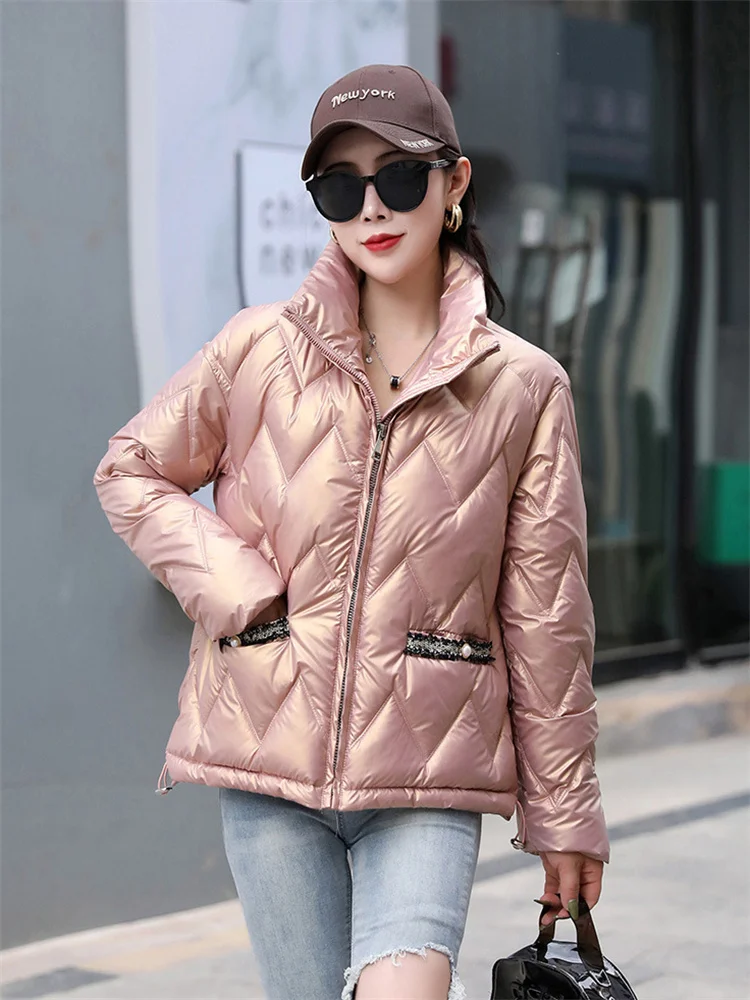 

Cotton Coat Women Short Small Thick Warmth Clothing 22 Winter New Fashion Korean Beading Loose Stand Collar Chic Parkas Feminina