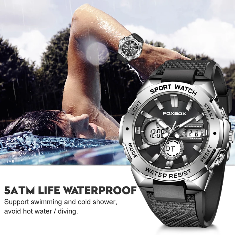 FOXBOX Luxury Fashion Sport Men's Wrist Watch Digital Waterproof Quartz Chronograph Silicone Strap Clock Male Relogio Masculino