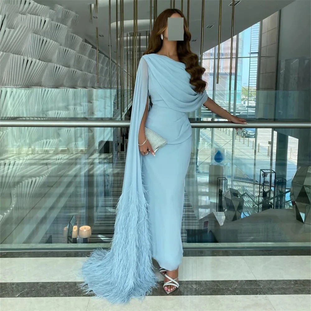 

Elegant Prom Dress For Women Beach With Fearther Formal Evening Gowns Floor Length O-Neck Split Party Dresses فساتين الحفلات