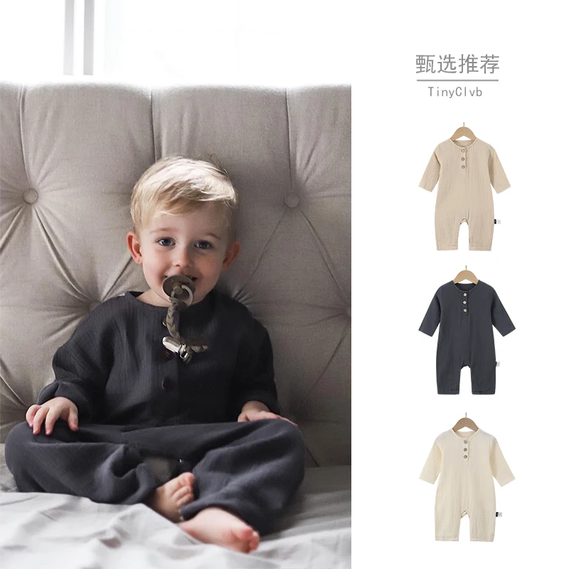 

Jenny&Dave Nordic 2023 plain cotton gauze baby cotton early autumn bodysuit men and women baby romper climbing romper children