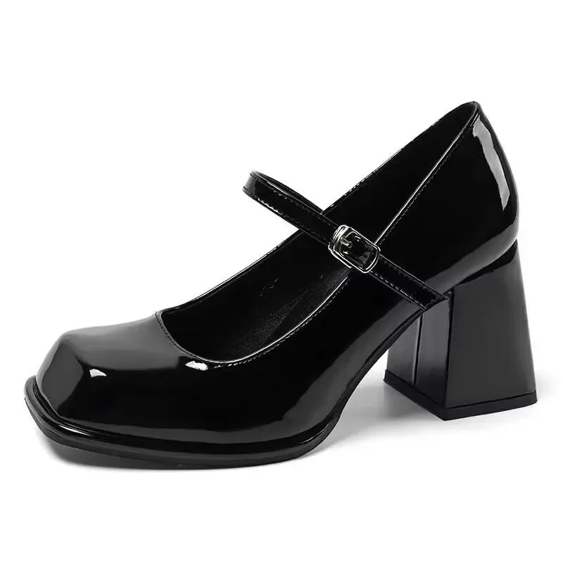 Mary Jane Sandals Mary Janes Vintage Black Sandals Woman Buckle Non-Slip Casual Medium Heels Office Ladies Solid Elegant Heels Korean Summer