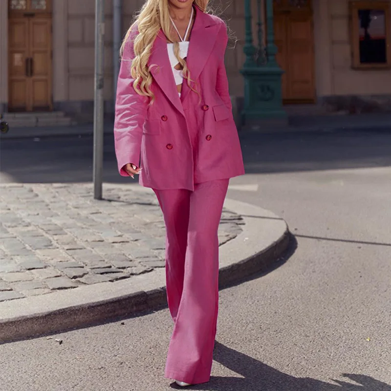 Tesco Long Sleeve Women's Blazer Suit 2 Piece Solid Loose Jacket+Straight Wide Leg Pants Casual Pantsuit For Prom Party Wear