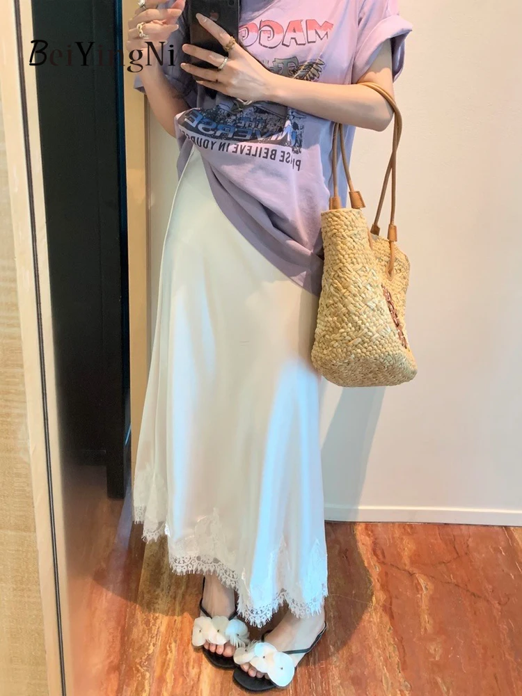 Beiyingni Elegant Long Skirts for Women 2025 Summer High Waist Lace Satin Trumpet Skirt Woman Luxury Slim Korean Fashion Skirts 2