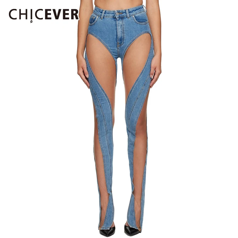 

CHICEVER Patchwork Sheer Mesh Denim Pencil Pants For Women High Waist Spliced Pockets Slimming Hit Color Summer Jeans Female New