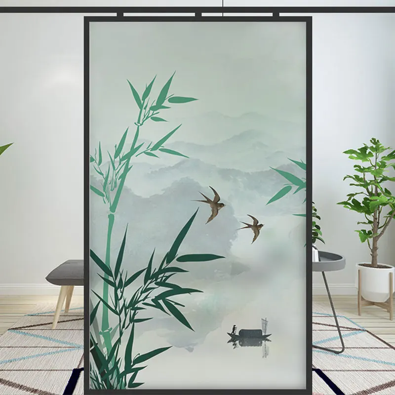 

Home Bamboo Pattern Glass Privacy Film Living Room Kitchen Door Static Frosted Stickers Bath Window Decorative Anti-peep