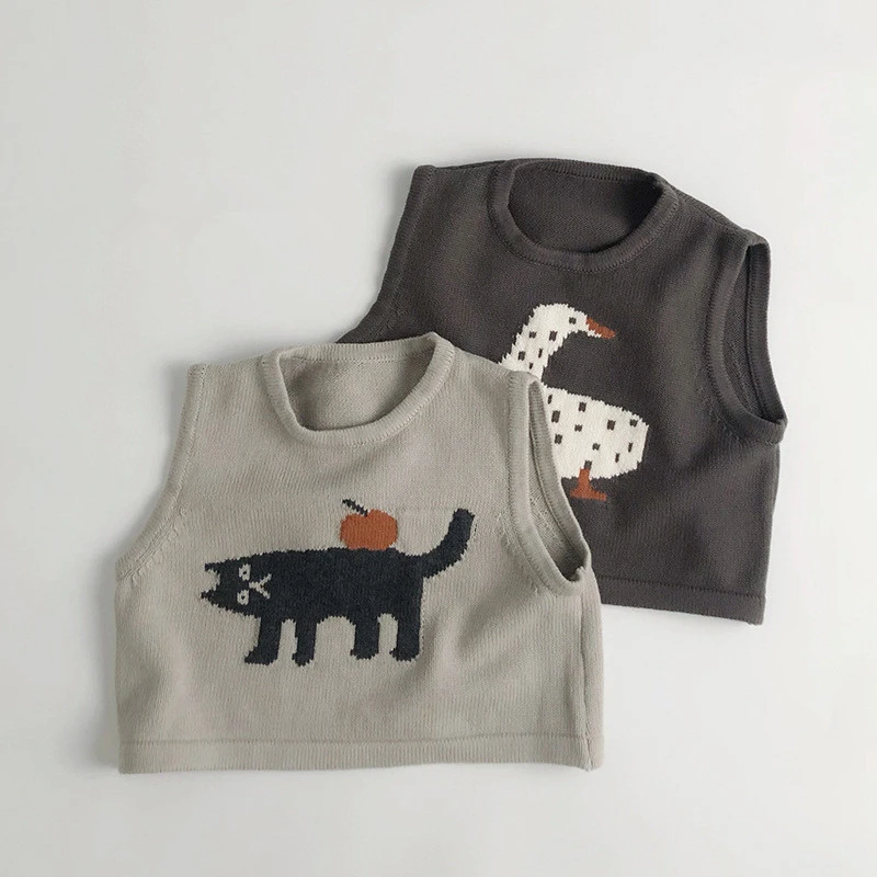 Childrens Sleeveless Knitted Vest - Cute Animal Cotton Sweater Coat for Boys  Girls