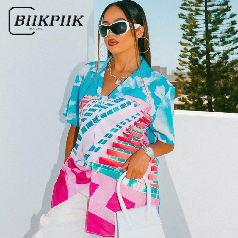 

BIIKPIIK Printed Women T-shirts Vacation Fashion Tops Casual Button Turn-down Collar Short Sleeve Oversized Blouses Holiday 2024
