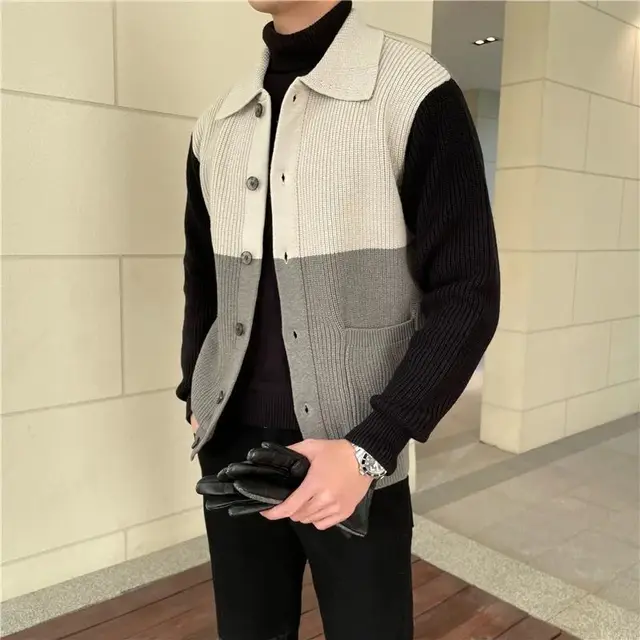 2023 Autumn Winter New Fashion Turn-down Collar Knitting Cardigan Man Vintage Contrast Color Patchwork Button All-match Coat 4
