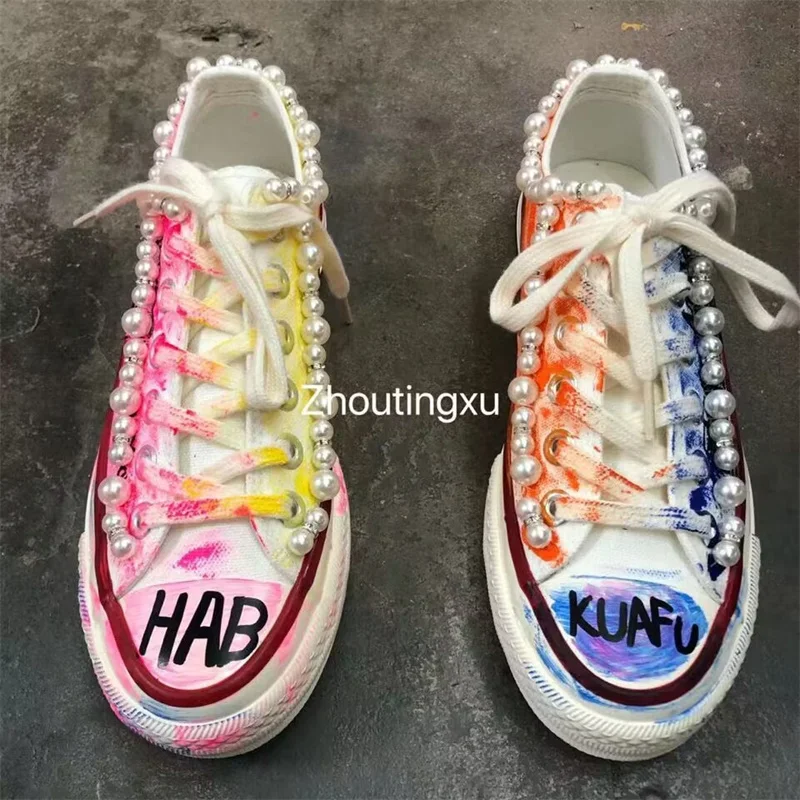 

Graffiti pearl handmade custom canvas shoes thick soled waterproof platform low top casual shoes men and women plus size 35-46