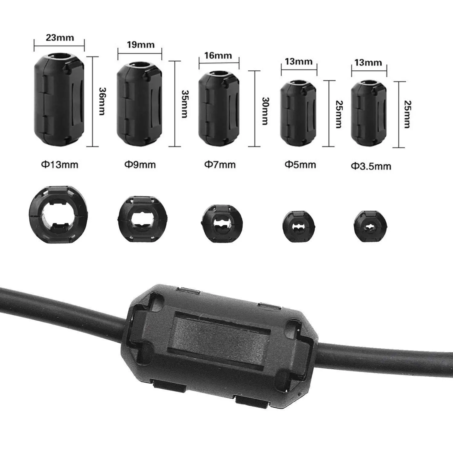 2PCS 3/5/7/9/11/13mm Ring Core Ferrite Bead Clamp Choke Coil RFI EMI Noise Filter Clip Cable Magnetic Snap-on Wiring Cable Clips