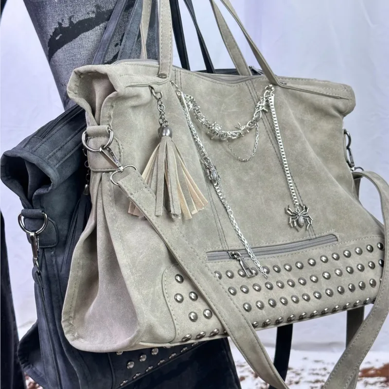 JIAERDI Punk Rivet Grey Crossbody Bag Women Subculture Chain Large Capacity Tote Bag Handbag Ladies Retro Y2k Bags Сумка Женская