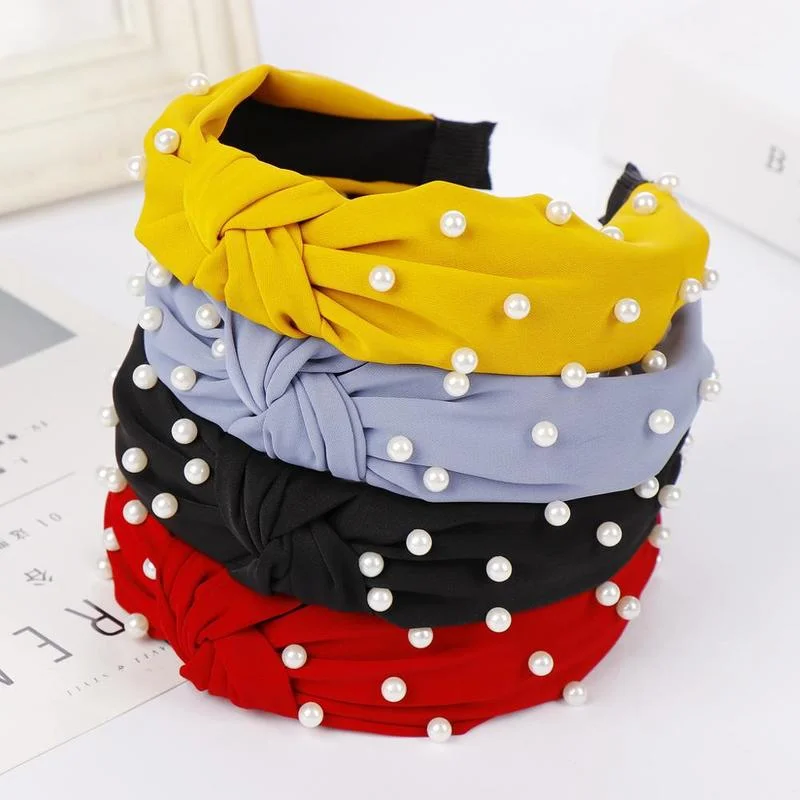 Ladies Pearl Knot Headbands Solid Fabric Velvet Denim Beads Hairbands Fashion Hair Bands Hoops Hair Accessories for Women Girls europe fashion 2023 new summer women denim shorts colored pearl beading diamonds all match elastic high waist wide leg shorts