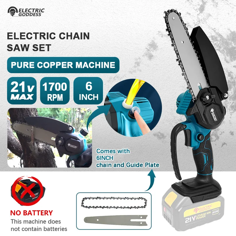 1700RPM 6 Inch Mini Li-Ion Electric Chainsaw One Hand Portable Electric Saw Fit 18V Makita Battery (No Battery) 1