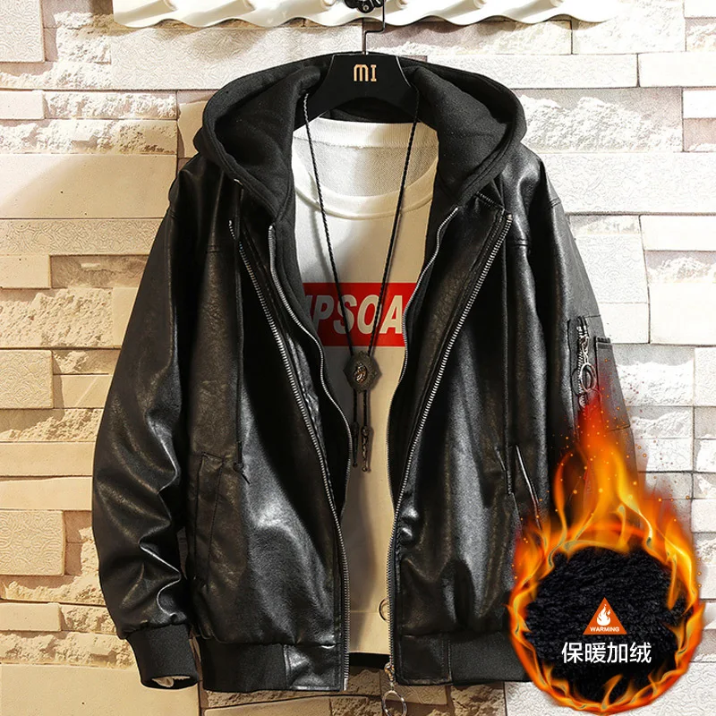 

2020 Winter Fashion Trend Japanese Brick Wall Loose Casual Hooded Jacket Large Thickened Trend PU Leather