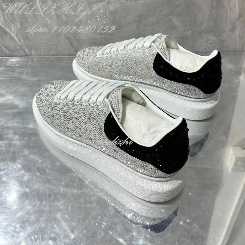 Black White Crystal Casual Sneakers Women Shiny Bling Flats Summer Lace Round Toe Genuine Leather Soft Comfortable Catwalkshoes