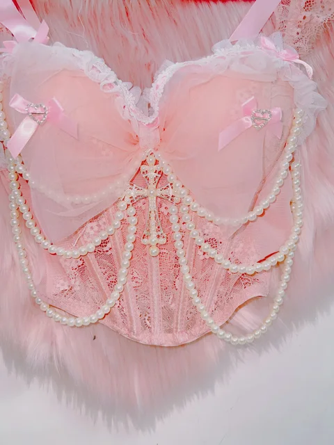 Pink Lace Faux Pearl Cropped Top 5