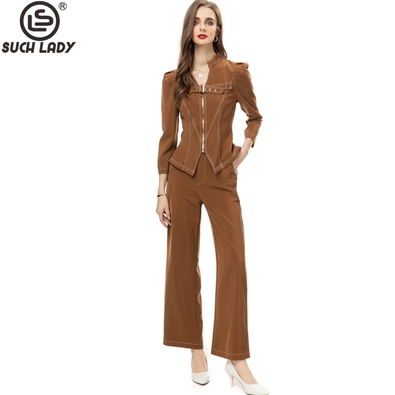 

Женский брючный костюм из двух предметов, блузка на молнии с V-образным вырезом и длинными рукавами и длинные брюки, модный костюм-двойка