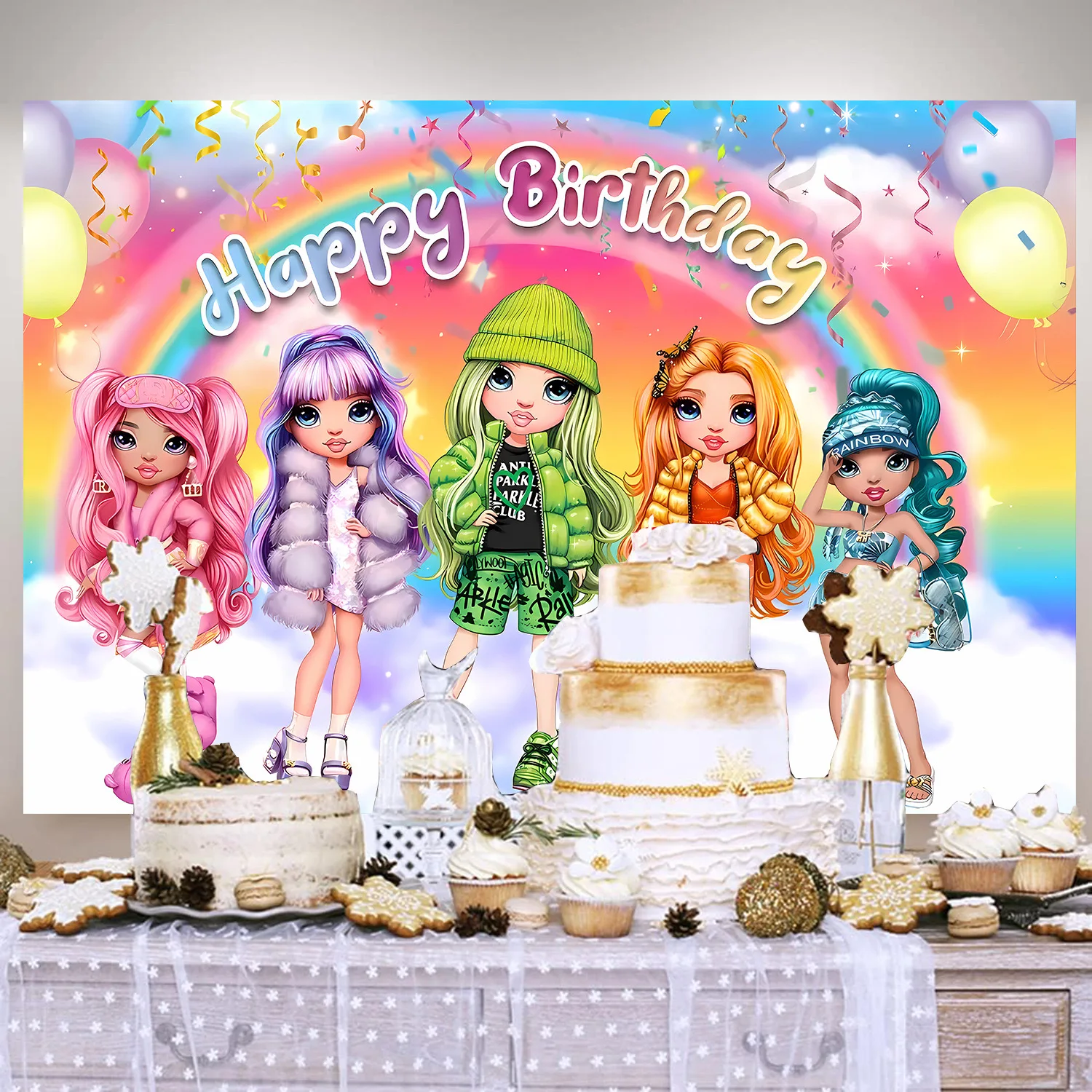 DIZHI Happy Birthday Sfondo Banner Decorazioni colorate per feste per bambini ragazzi ragazze palloncini poster da parete e cartelli torta tovaglia forniture decorative 2,1 x 1,5 m