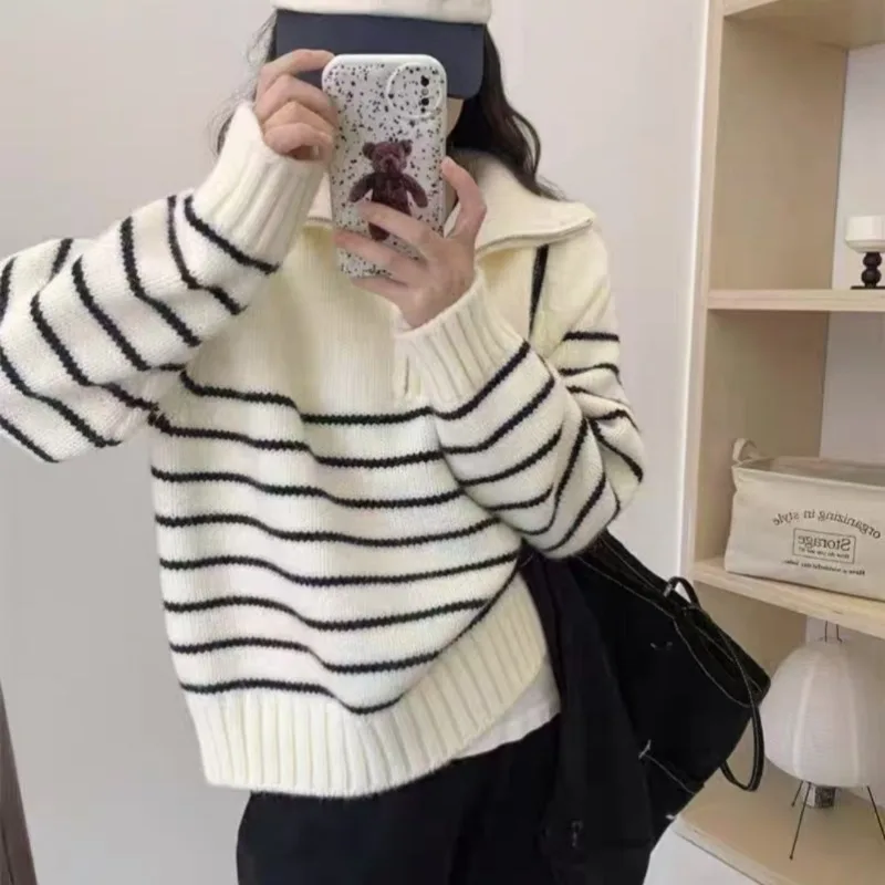 2025 Fashion New Zipper Turn Down Collar Women's Long Sleeve Striped Sweater Autumn and Winter Loose Casual Knitwear Top
