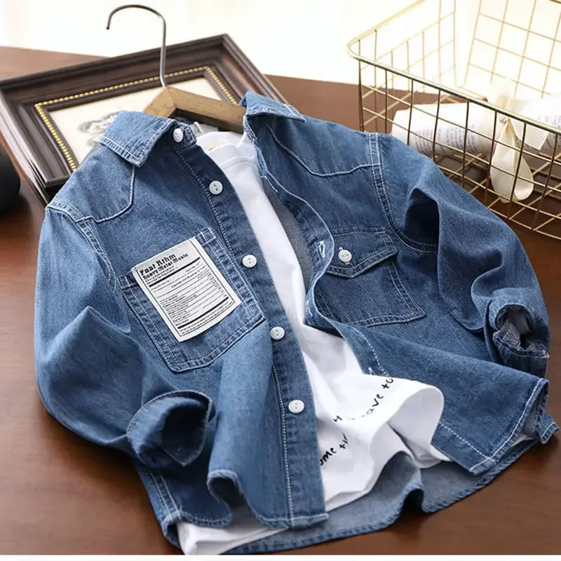 

Рубашка детская демисезонная из хлопка, с джинсовой вставкой