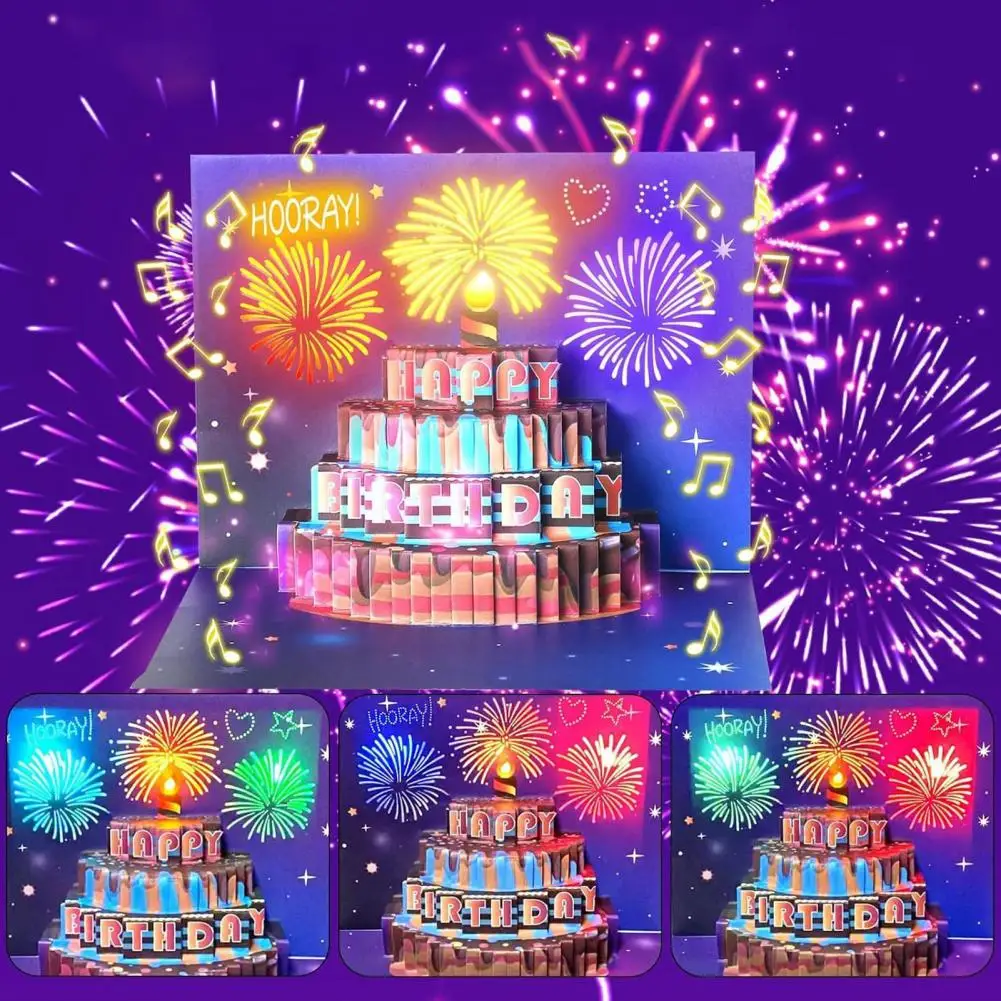 3D Fly-out Birthday Card Light Music Happy Birthday Glowing Greeting Card With Cake Design Interactive 생일 카드